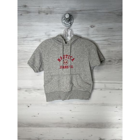 Nautica Jeans Co Hoodie Womens XS Gray Short Sleeve Raglan Logo Kangaroo Pocket - Picture 1 of 9